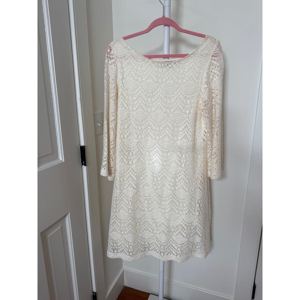 Sharagano Noir Dress Women 12 Ivory Crochet Lace Bell Sleeve Lined Mini